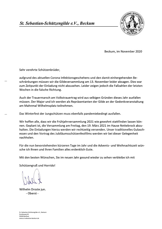Absage Gildeversammlung 2020