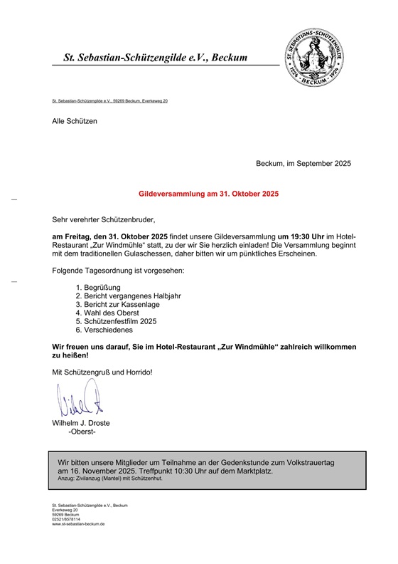 Einladung Gildeversammlung 31. Oktober 2025